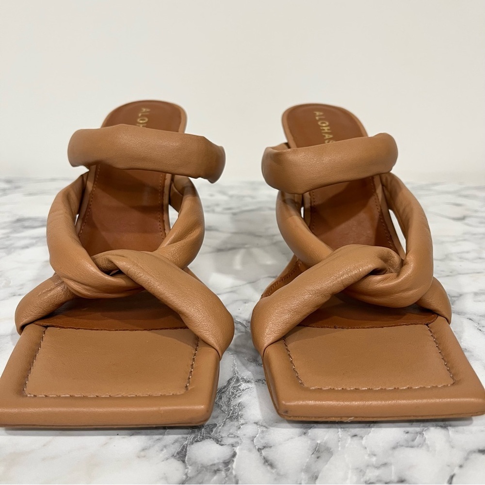 ALOHAS Amaretto mules twist strap leather heels sandals in camel brown size 10 - Picture 8 of 16